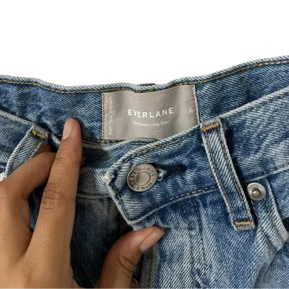 EVERLANE The Jean Cheeky Long Denim Distressed Shorts - Picture 8 of 9